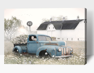 lot 175 image: Farmhouse Wall Art - Barn Canvas Wall Art, Blue Truck &Flower Print Picture For Living Room Decor