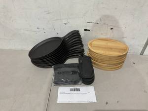 lot 501 image: 11 Pans 12 Trays Cast Iron Fajita Plate Sizzler Pan Set with Bamboo Tray and Handle Holder