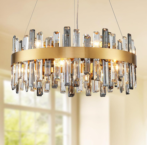 lot 45 image: Gold Crystal Chandelier Light Fixture, 12-Light Modern Round Crystal Pendant Light