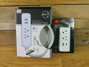 Set of Globe Electric 2 Outlet Adapter White & 4 2 Outlet 2 USB 2.4A Extension Cord Braided GrayWhite