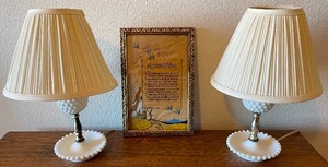 Pair of Hobnail Milk Glass bedside table lamps and vintage framed picture