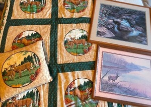Two framed pictures, handmade lap blanket and matching pillow