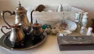 Silver plated Tea set lot and Anniversary Decor tote