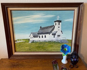 Handpainted Framed Church painting and vase lot
