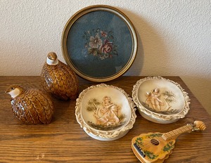 Vintage Cross Stich framed art, porcelain decor lot