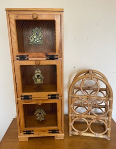 Wood Vegetable Bin and Tabletop Rattan Wine Holder
