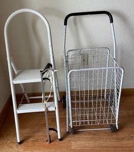Collapsible Shopping cart on wheels, folding step ladder and reacher