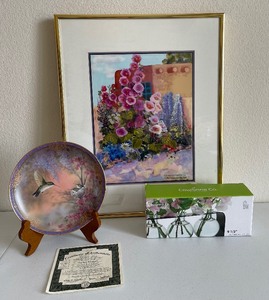 Hollyhock Floral Watercolor and Hummingbird Plate