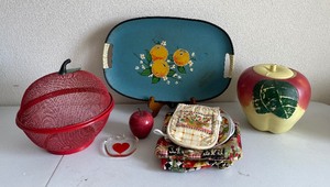 Antique Blushing Apple Cookie Jar and Apple Decor Lot