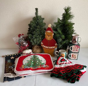 Two small table top Christmas Trees and Christmas Decor Lot
