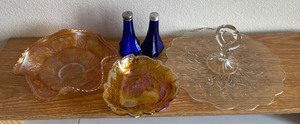 Two Carnival Glass Bowl and Colbalt Blue Salt and Pepper Shakers