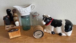 Antique Wood Cookie or Butter Press, Cow Cookie Jar decor lot