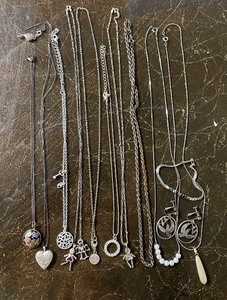 Silver Jewelry Lot- 11 necklaces, Birthstone Bracelet and Clip on Earrings