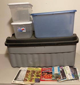 Storage Totes, woodworking books and vintage map lot