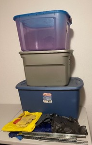 Three (3) Storage Totes, Rain Parkas and Misc