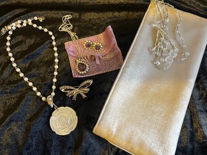 Faux Amethyst and Crystal Necklace, Clip Earrings, Pin and MOP Necklace