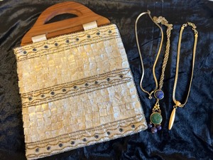 Shell and Wood Purse and Three Gold Necklaces