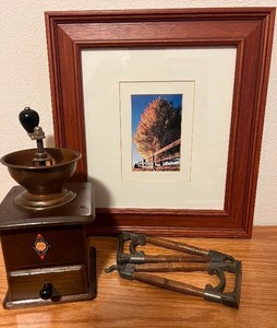 Wood Garantied Forged Grinder 1940s coffee grinder, swivel plants hooks and picture