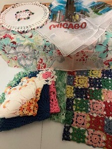 Vintage Colored Handmade Doilies and Vintage Scarf lot