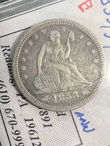 lot 05 image: 1853 WARROWS SEATED LIBERTY QUARTER