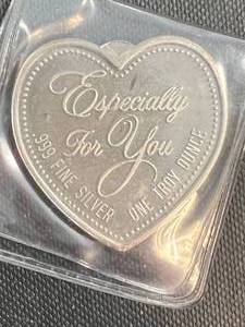 lot 18 image: 1 TROY OZ .999 FINE SILVER ESPECIALLY FOR YOU HEART SHAPED BAR