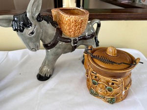 lot 78 image: Vintage Mid-Century Modern Japanese Ben Franklin Painted Tea Pot with Metal Handle and Vintage Donkey with Basket Ceramic Figurine