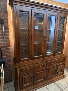 lot 144 image: Wood Hutch China Cabinet with Glass Front Doors