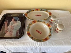 lot 82 image: Vintage Coca-Cola Serving Tray, Platter, Serving Bowl and Creamer & Sugar