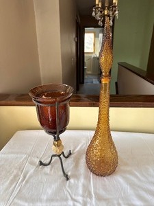 lot 86 image: Vintage Candle Holder and Italian Empoli Amber Glass Hobnail Genie Bottle Decanter 23.5 Tall