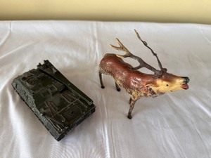 lot 98 image: Vintage DINKY Toys Made in England Leopard Tank Toy and Vintage Elk Figurine