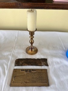 lot 100 image: Vintage Brass Candlestick and Brass Placards