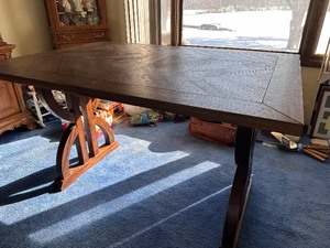 lot 108 image: Solid Wood Counter Height Dining Table Open Work Scrolling Detail and Chevron Top With Drop in Leaf to Extend for Added Seating