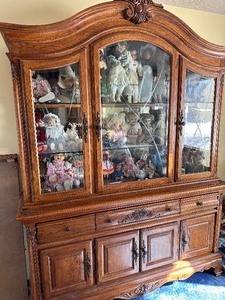 lot 111 image: Large Wood and Glass Dining Hutch Measuring 66 x 19 x 88  Contents inside Hutch not included