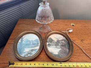 lot 116 image: Two Vintage Oval Prints and Glass Lamp