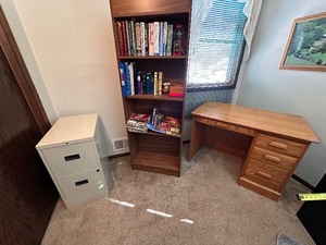 lot 118 image: Wood Desk, Bookcase, and Two Drawer File Cabinet