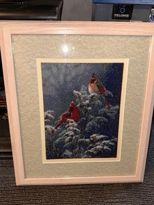lot 238 image: Framed Winter Cardinal Art Measuring 19x23