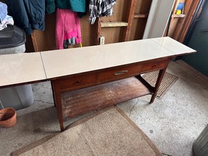 lot 242 image: Vintage Wood Drop Leaf Side Board Table with Formica Top
