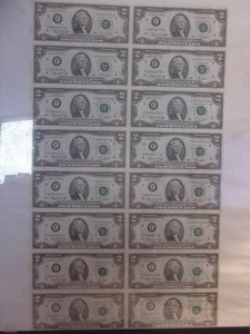 Sheet Of 16 Uncut 2 Dollar Bills Framed