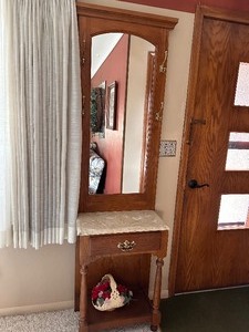 lot 1 image: Vintage Marble Top Hall Tree with Mirror and Coat Hooks  22 X 12 x 78