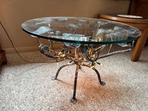 lot 3 image: Mid Century Sculptured Iron Base with Glass Top Coffee Table 24 Dia  x 16H