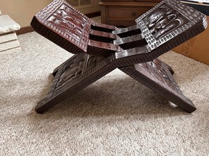 lot 9 image: Vintage Hand Carved Folding Stool 22 X 16