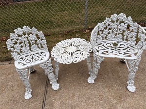 lot 212 image: Vintage Wrought Iron Set with Steel Table and Chairs