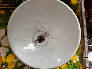 lot 235 image: Mid-Century Modern Brass and Frosted Glass Pull Retractable Saucer Pendant Ceiling Light