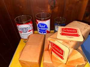 lot 204 image: Four Packages of Schmidt Vintage Cardboard Coasters, Vintage Budwiser, Pabst Blue Ribbon and Lamots Beer Glasses