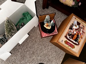 lot 223 image: Box of Bottle Brush Trees and Christmas Decorations