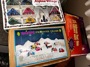 lot 225 image: Vintage Regency Christmas Lights Alpine Village NIB, Yule Tide Enchanted Christmas Village NIB and Halloween Lights