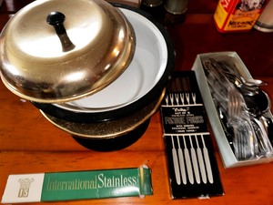 lot 187 image: Vintage Fondue Pot, Fondue Forks, and Silverware