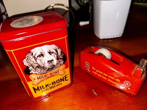 lot 198 image: Vintage Tape Dispenser and Milkbone Tin