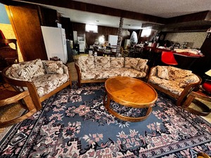 lot 171 image: Entire Set of Vintage Mid-Century Modern 1970s Oak Howard Barrel Cream Boho Print Couch, Two Chairs, Two End Tables and Coffee Table - Gil & Ro