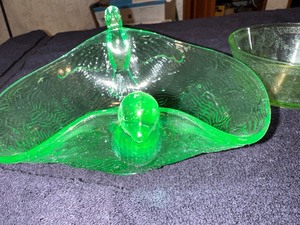 lot 117 image: Fenton Green Uranium Glass Swan Dish, Etched Green Dish, and Green Glass Bubbler